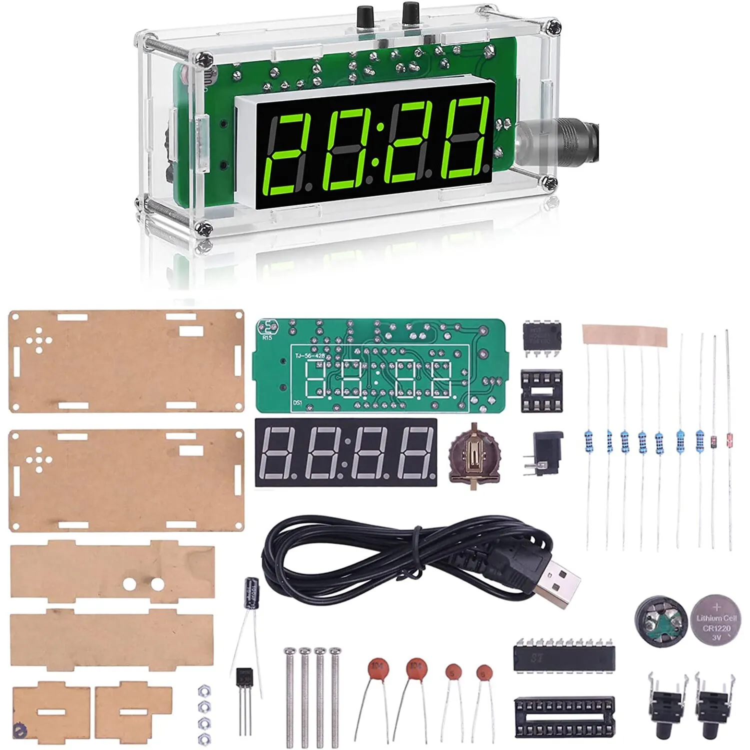 TJ-56-428 4 자리 디지털 DIY 시계 키트, 아크릴 쉘 포함, DIY 알람 시계 납땜 연습 키트, 전자 학습