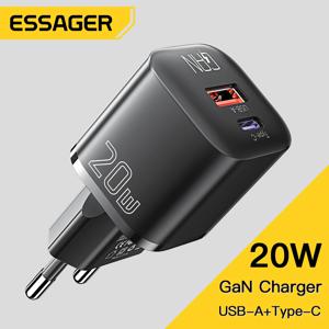 Essager GaN USB C 타입 PD 고속 충전 휴대폰 QC 3.0 고속 충전기, 아이폰 14 13 12 11 프로 맥스 미니 아이패드용, 20W