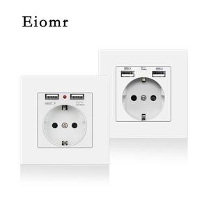 Eiomr USB 벽 전원 소켓 스위치 조합, 난연성 PC 패널, AC 110-250V 16A,EU 표준 콘센트 침실 스위치 소켓