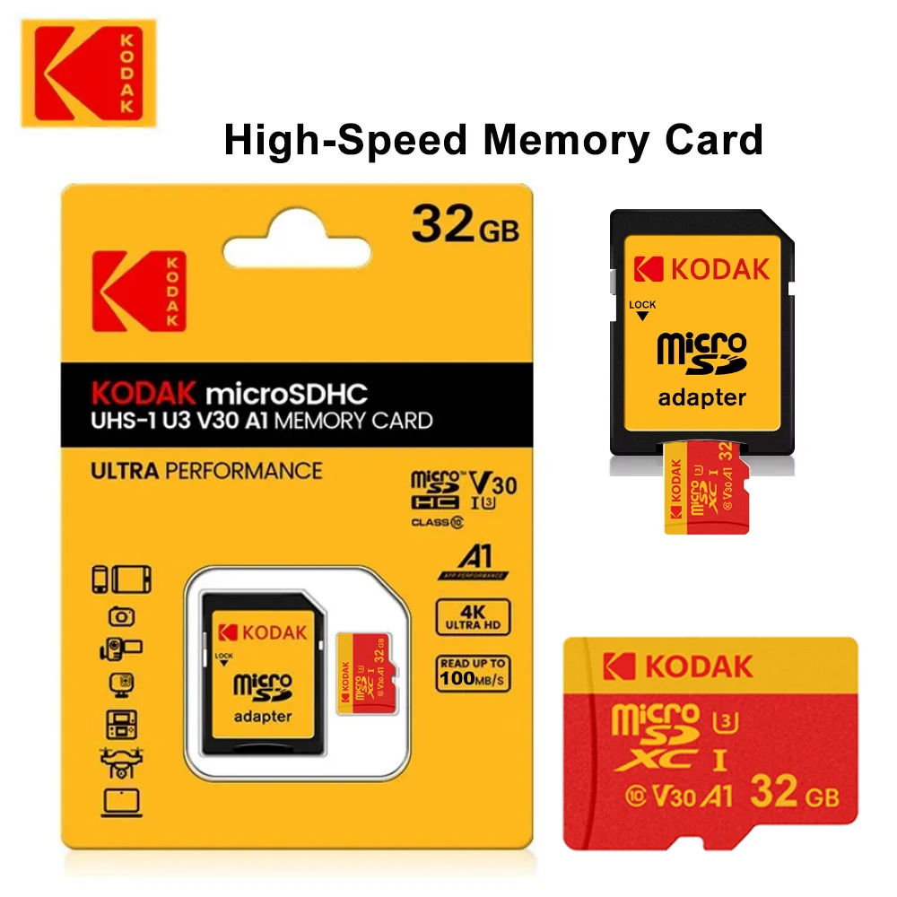 KODAK 휴대폰용 마이크로 SD 카드, 레드 메모리 카드, 클래스 10, 32GB, 64GB, 128GB, 256GB, U3, 4K 고속 플래시 메모리, TF 플래시 카드