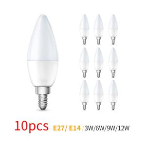 LED 샹들리에 조명 스포트라이트, E27 E14 LED 전구, 220V 촛불 전구, 에너지 절약 램프, 3W, 6W, 9W, 12W, 홈 데코, 10 개