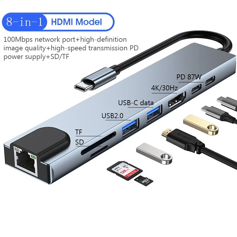 HDMI 노트북 컨버터가 있는 C타입 확장기, USB 허브, USB C에서 USB 3.0 2.0 디스크, 이더넷 케이블 카드 리더 및 충전 도크, 8 in 1