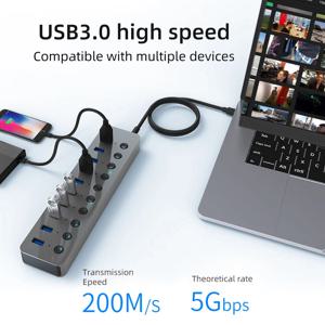 Blueendless USB 허브 3.0, 알루미늄 합금 쉘 분배기, 분할 스위치 어댑터, PC 맥북 노트북용, 12V 전원 어댑터, 7 포트, 10 포트