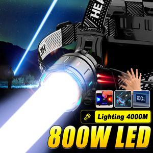 1000000LM 강력한 전조등 800W Led 센서 헤드 손전등 장거리 헤드 라이트 18650 충전식 헤드 랜턴 낚시 캠핑