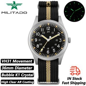 Militado ML07 빈티지 쿼츠 시계, VH31 무브먼트 손목시계, 버블 크리스탈, 높은 투명 AR 코팅, 야광 36mm 시계