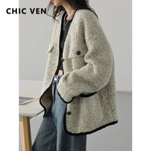 CHIC VEN 여성용 모직 코트, 헤비 인더스트리 다운 재킷, 빈티지 V넥 다운 코트, 여성 상의, 가을 겨울 2024