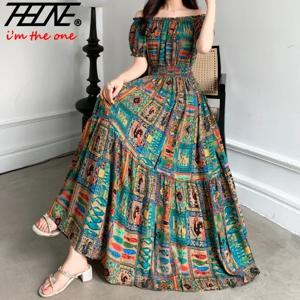 THHONE 여성용 Vestidos 로브 맥시 롱 드레스, 보헤미안 코튼 린넨 플로럴 반팔, 한국 스타일 캐주얼, 인도 의류, 여름