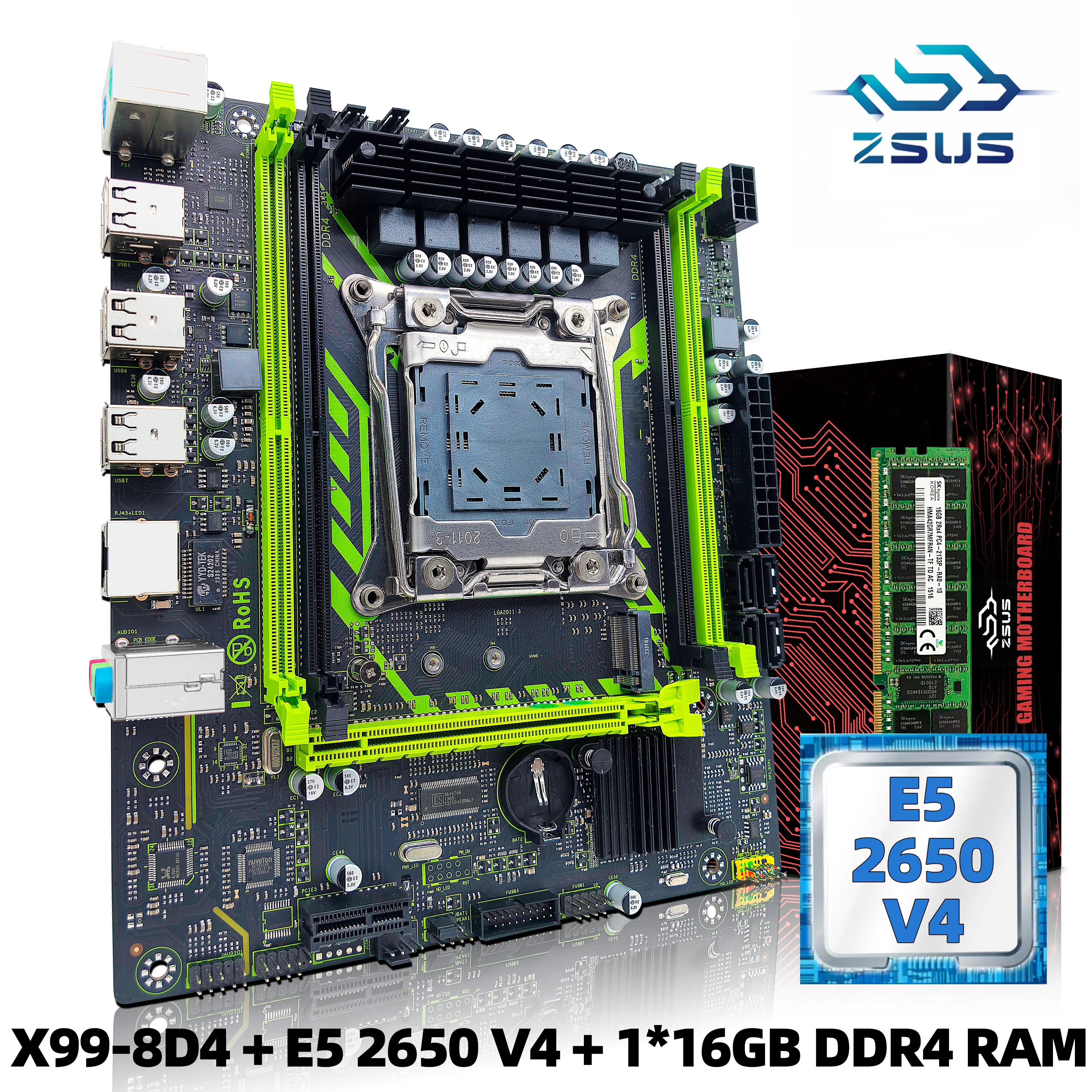 ZSUS X99-8D4 마더보드 세트 키트, LGA2011-3 Xeon E5 2650 V4 CPU DDR4 16GB (1*16GB) 2133MHZ RAM 메모리 NVME M.2 SATA