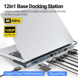 USB-C 도킹 스테이션 트리플 모니터, 맥 프로 에어 델 ASUS용, 12 인 1, HDMI1.4 * 2, VGA, USB3.0, 2.0, RJ45, 100M, SD, TF, PD, C 타입