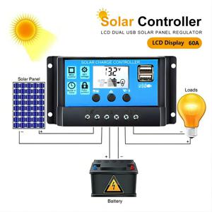 USB 태양열 충전 컨트롤러 장착, 조절식 LCD 디스플레이 타이머 설정, USB 12V, 24V, PWM 10A, 30A, 60A