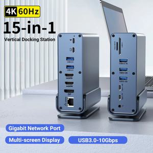 USB-C 도킹 스테이션 4K HD 버티컬 허브, 트리플 모니터, RJ45 1000M,USB 3.0/2.0,PD 3.0,SD/TF, 맥 프로용 오디오 3.5, 15 인 1