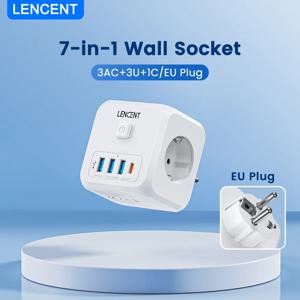 LENCENT EU 플러그 전원 스트립, AC 콘센트 3 개, USB 충전 포트 3 개, C타입 1 개, 5V 2.4A 어댑터, 7-in-1 플러그 소켓 온오프 스위치