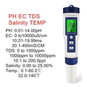 TDS EC 염분 계량기 디지털 방수, 자동 교정 기능, 수질 PH 테스터, 5 in 1 PH 온도