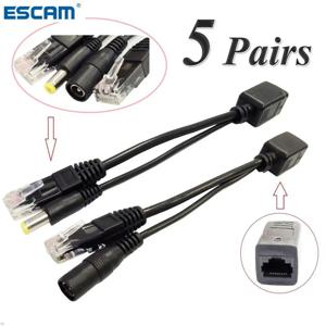 ESCAM 10pcs(5 쌍) POE 분배기 POE 스위치 POE 케이블 어댑터 테이프 차폐 5V 12V 24V 48V 전원 공급 장치 케이블 5.5*2.1mm