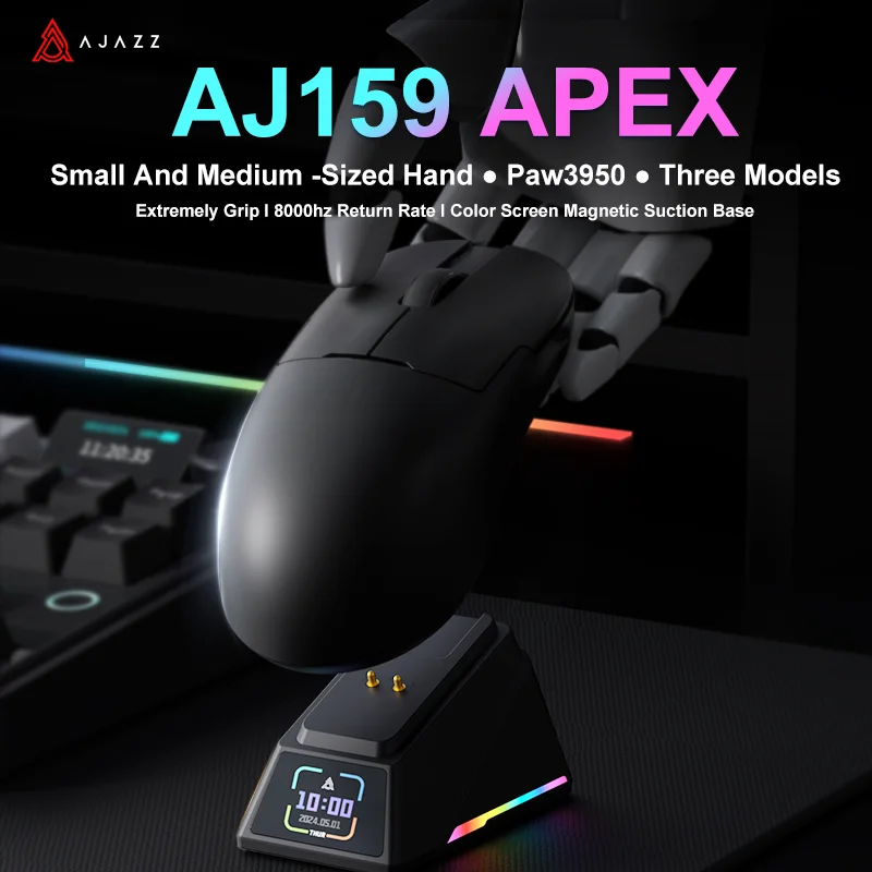 AJAZZ AJ159 APEX/AJ159PRO 무선 게이밍 마우스, RGB 마그네틱 충전 베이스 포함, PC 노트북용 경량 AJ159P 게이밍 마우스