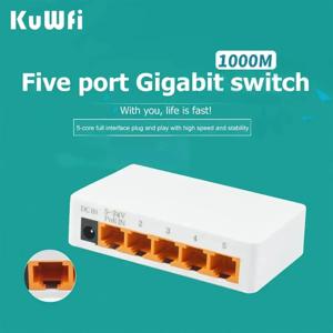 KuWFi 고속 미니 기가비트 네트워크 스위치 인터넷 분배기, 5 포트 이더넷 스위치, 데스크탑 RJ45, 1000Mbps, 100Mbps