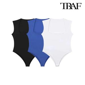 TRAF-여성용 스키니 바디수트, 섹시한 패션, 스퀘어넥, 민소매, 스냅 단추, 여성 플레이수트, Mujer