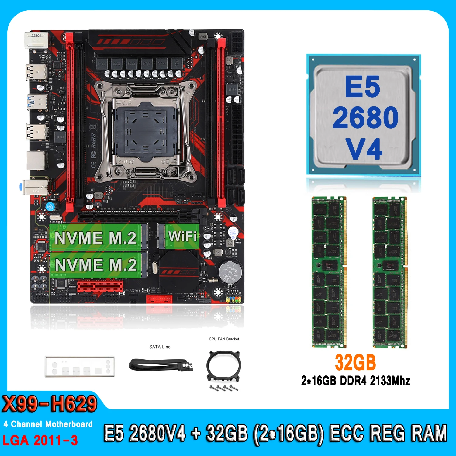 X99 키트 마더보드 LGA2011-3 세트, E5 2680 V4 프로세서, 32GB(2*16GB) DDR4 2133Mhz 메모리, E5 2680V4, 4 채널 마더보드