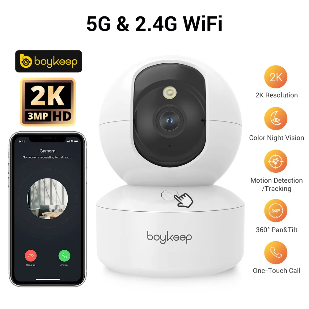 Boykeep 2K 애완견 카메라, 전화 앱 포함, 5G/2.4GHz WiFi 실내 보안 베이비 카메라, 360 ° 팬 및 틸트, 양방향 오디오, 야간 투시경