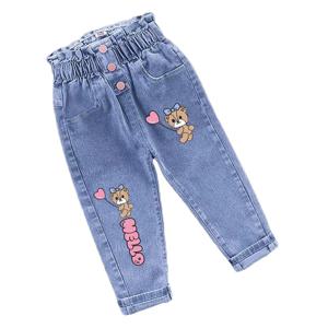 겨울 여아 봉제 데님 바지, 유아 만화 나비 인쇄 청바지, 어린이 패션, 레저 WarmTrousers1-6Y 유지