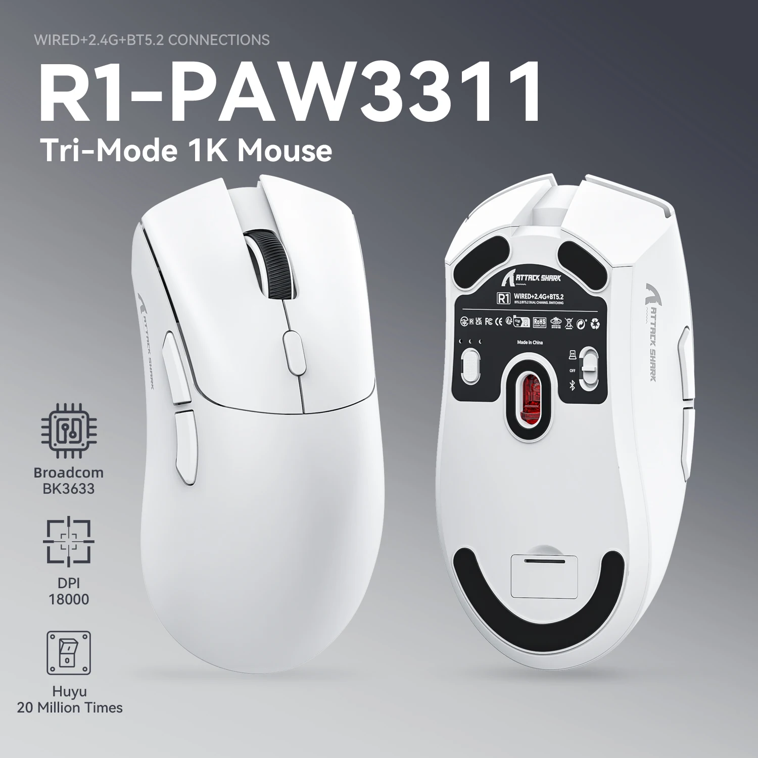 Attack Shark R1 무선 블루투스 게이밍 마우스, PAW3311 센서, 1000Hz 복귀율, 트라이 모드, 인체 공학적, 충전식 마우스