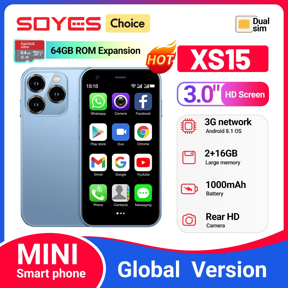 SOYES XS15 미니 스마트폰, 안드로이드 8.1, 3.0 인치 디스플레이, 2GB RAM, 16GB ROM, 듀얼 SIM 대기 플레이 스토어, 3G 리틀 폰