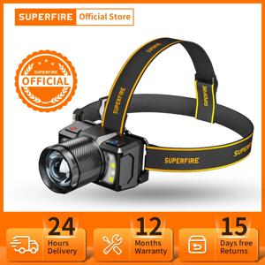 SUPERFIRE HL25 COB + LED 센서 헤드램프, USB-C 충전식 줌 가능 헤드라이트, 낚시 방수, 매우 밝은 캠핑 랜턴, 15W