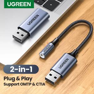 UGREEN 사운드 카드 2-in-1 USB 오디오 인터페이스 외장형 3.5mm 오디오 어댑터 Soundcard for Laptop PS4 헤드셋 USB 사운드 카드