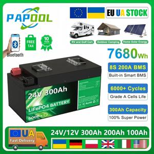 LiFePO4 배터리 팩, 24V 300Ah 200Ah 12V 100Ah 140Ah 48V 7680Wh 등급 A 6000 + 사이클 RV 골프 카트 보트 태양 전지, EU UA 주식