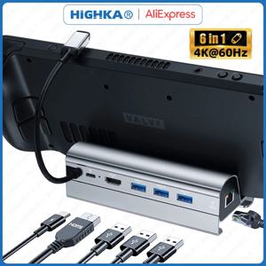 스팀 데크 도크 6 in 1 스팀 데크 로그 앨리  도킹 스테이션 스탠드 액세서리, 3 * USB 3.0 HDMI 4K @ 60Hz 기가비트 이더넷 1000Mbps PD 60W 허브