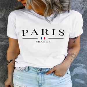 PARIS 프린트 반팔 크루넥 티셔츠, 캐주얼 상의, 여성 의류, 여름 용수철