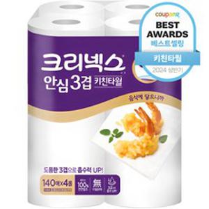 크리넥스 천연펄프 안심 3겹 키친타올 140매, 4개입, 1개