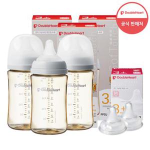 [더블하트] 3세대 240ml 모먼트 젖병 3개(젖꼭지M포함) +젖꼭지2개