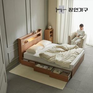장인가구 메이비 LED 직선헤드 수납 침대프레임 더블 D +본넬매트 (높이230)