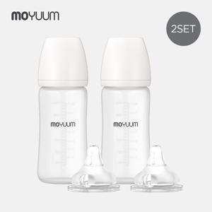 [모윰] 실리콘 코팅 노꼭지 유리 젖병 240ml 2팩+젖꼭지(2ea)