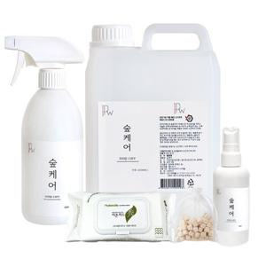 숲케어 피톤치드 탈취제 편백수 스프레이 500ml+리필 2L+휴대용 100ml+편백큐브+물티슈72매 기획세트