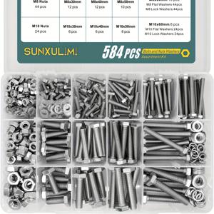 TEMU 236/584개 M6 M8 M10 헤비 듀티 볼트 및 너트 모음 키트 304 스테인리스 스틸(18-8) 육각 나사 너트 및 와셔 키트, 15개의 일반 크기(대형 상자) 포함