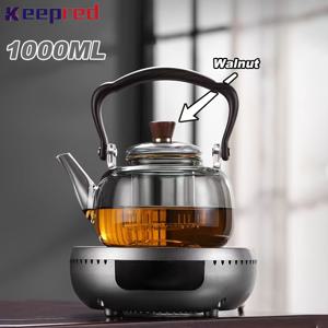 TEMU 1pc Keepred 1000ml 내열 유리 찻주전자, 인퓨저 포함 - 호두 뚜껑, 휴대용 손잡이, 사무실/가정용 찻주전자 커피, 푸얼차, 우유, 주스 - 실외 사용을 위한 내구성 있는 차 물 분리 주전자