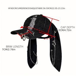 TEMU 토끼 귀 면 혼합 야구 모자, 펑크 스타일 경량 데님 모자, 금속 체인, 짠 조절 가능한 동물 테마 패션 모자, 빈티지 디테일, 손세탁 또는 드라이클리닝만 가능