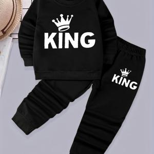 TEMU 남아용 KING 프린트 2pcs, 맨투맨 및 운동복 바지 세트, 만화 왕관 패턴 긴 소매 탑, 캐주얼 의상, 봄 가을 유아용 의류