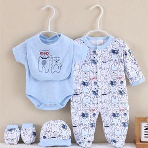 TEMU 5피스 베이비 세트, 귀여운 곰 프린트 긴 소매 Footie Onesie, 부드러운 면 바디수트, 계절의 편안함, 어울리는 모자, 장갑, 턱받이, 신생아 복장 세트 포함