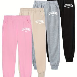 TEMU 4개 벌 Girls' Loose Fit CALIFORNIA Letter Print Jogger Pants, 캐주얼 가을/겨울 니트 운동복