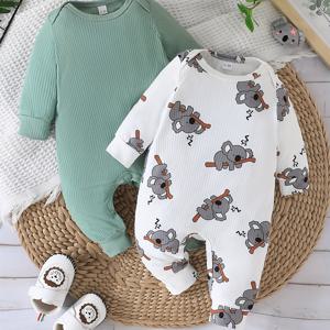 TEMU 2pcs 아기 캐주얼 솔리드 컬러 늑골이있는 Onesie + 만화 코알라 패턴 긴 소매 Romper, 유아 및 유아 소년의 바디 슈트 세트