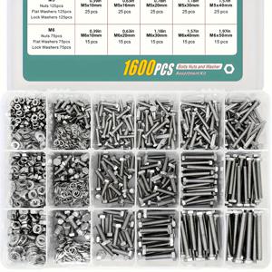 TEMU 1600개 헤비듀티 M4 M5 M6 볼트, 너트, 플랫 및 잠금 와셔 분류 키트, 18-8 스테인레스 스틸, 15가지 가장 일반적인 크기, 금속 하드웨어 정리 상자, DIY 수리 도구 세트