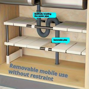 TEMU 조절 가능한 싱크대 아래 금속 수납장, 다단 선반 주방 캐비닛 수납, 유연한 배수관 설치, 내구성, 공간 절약