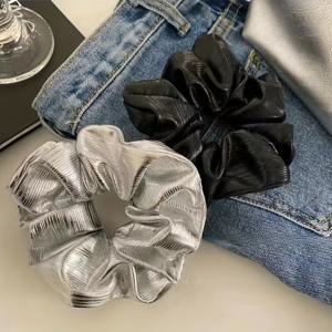 TEMU PU Leather Hair Scrunchies for Women - Set of 2 Elegant Minimalist Style Solid Color Hair Ties, Fashionable Textured Large Intestine Hair Rings for Ages 14+