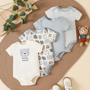 TEMU 4Pcs 아기 소년의 100% 코 튼 삼각형 Onesie, 짧은 소매 만화 곰 패턴 귀여운 부드러운 Romper, 유아 여름 옷