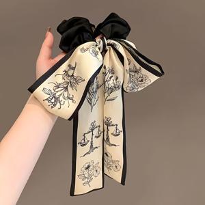 TEMU Elegant French-Style Imitation Silk Hair Ties with Butterfly Bow - Minimalist Printed Scrunchies, Set of 2, Suitable for Age 14 and Up