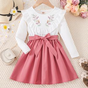 TEMU Girls splicing dress with belt 긴 소매 라운드 넥 꽃 프린트 공주님 드레스 아이 옷