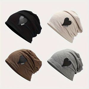 TEMU 트렌디 하트 패치 Slouchy Beanie 클래식 솔리드 컬러 따뜻한 해골 모자 경량 Beanies 여성용 탄성 Chemo 모자 매일 사용 가을/겨울